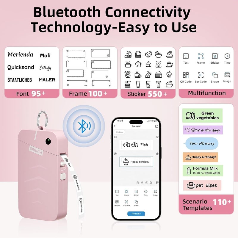 FOUGSTA Label Maker, S001 Portable Bluetooth Label Maker Machine with Tape, Thermal Label Printer for Home, Office, School Organization, Wireless Mini Labeler Machine, Pink - Image 2